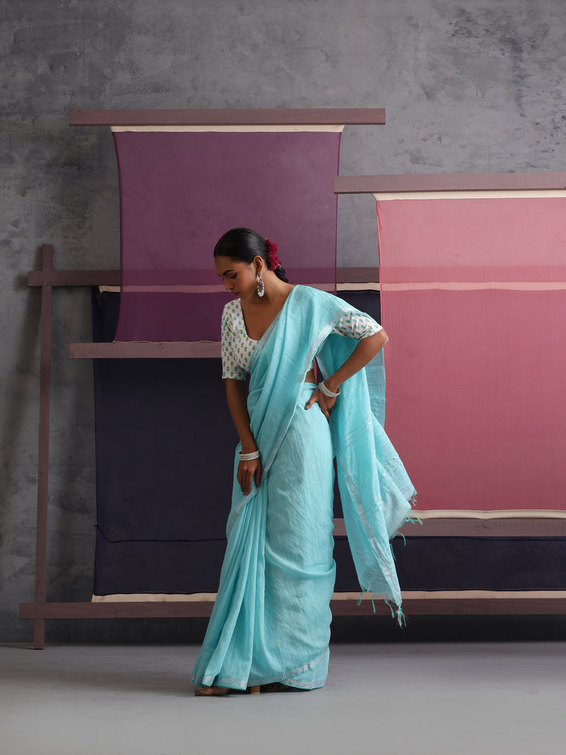 Women Cotton Torquoise Blue Linen Printed Saree