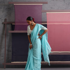 Women Cotton Torquoise Blue Linen Printed Saree