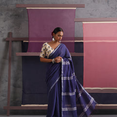 Women Cotton Blue Linen Printed Saree