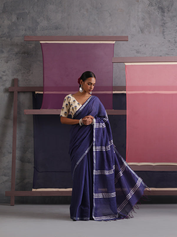 Women Cotton Blue Linen Printed Saree