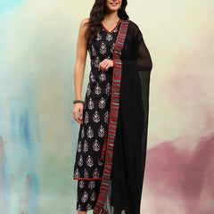 Ethnic Motifs Printed Regular Pure Cotton Straight Kurta with Palazzos & Dupatta