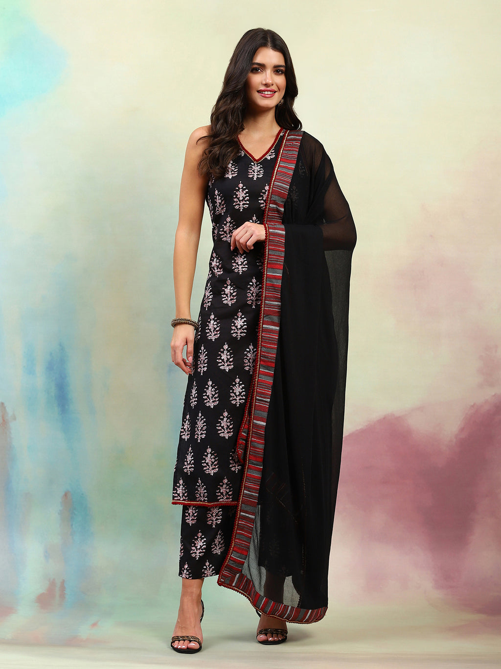 Ethnic Motifs Printed Regular Pure Cotton Straight Kurta with Palazzos & Dupatta