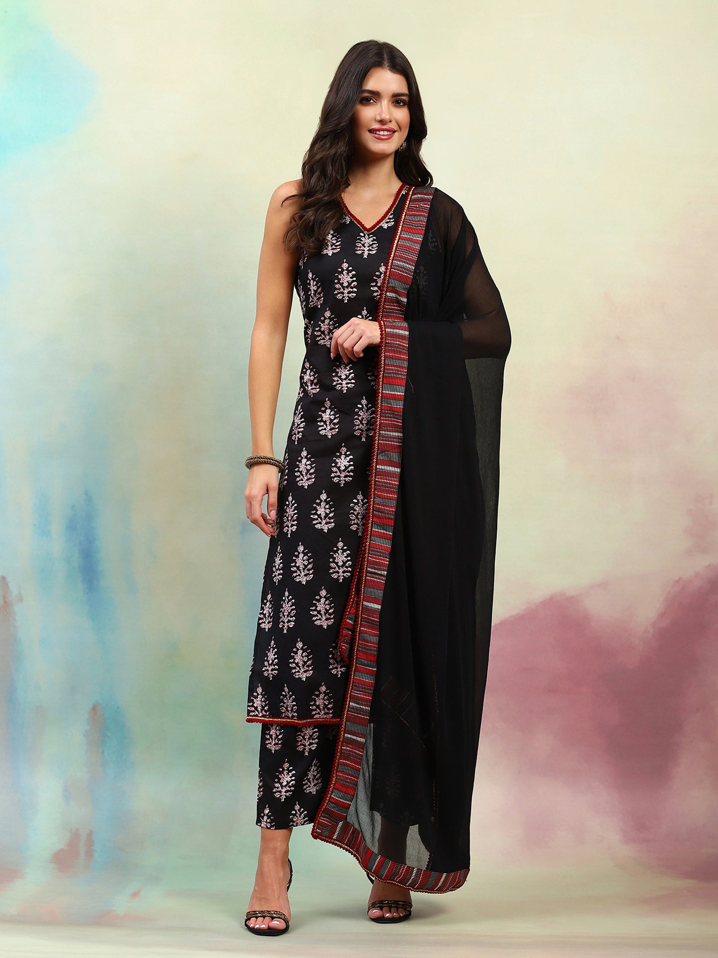 Ethnic Motifs Printed Regular Pure Cotton Straight Kurta with Palazzos & Dupatta