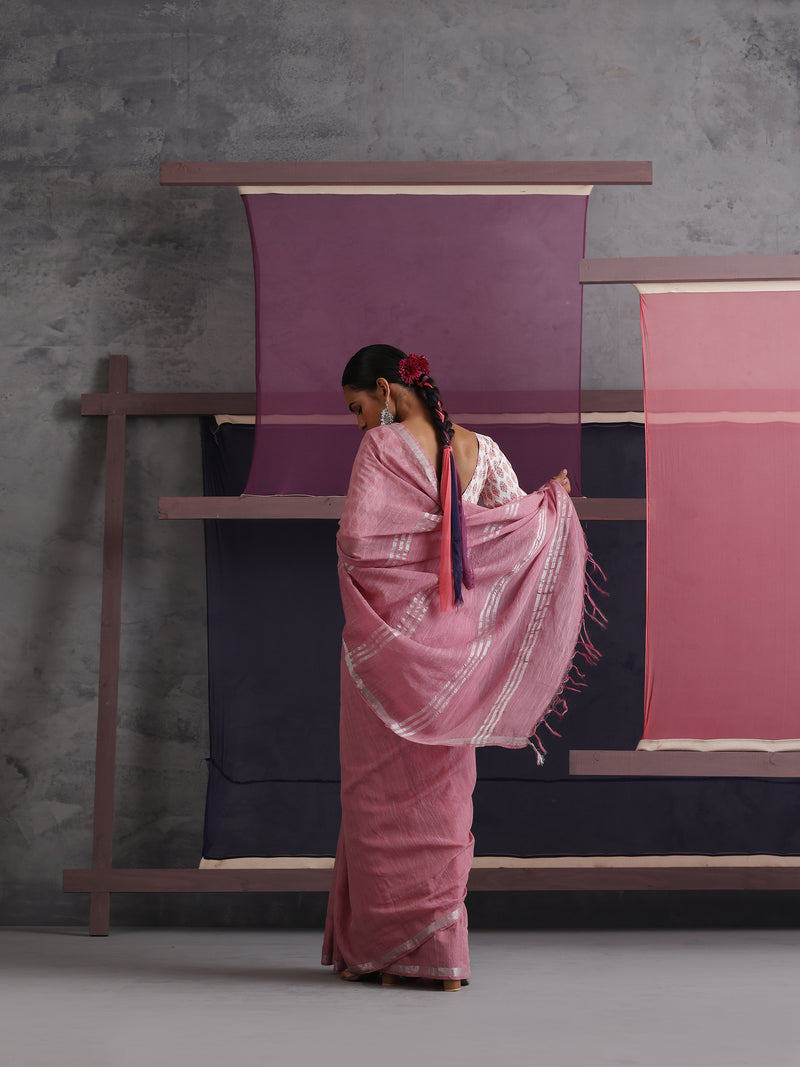 Women Cotton Pink Linen Printed Saree