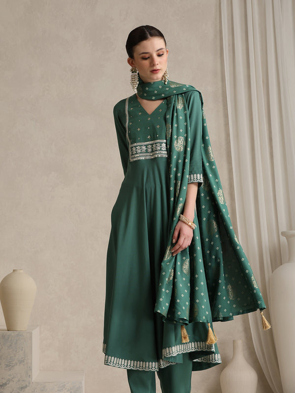 Khushal K Ethnic Motifs Green  Anarkali Sequinned Kurta set
