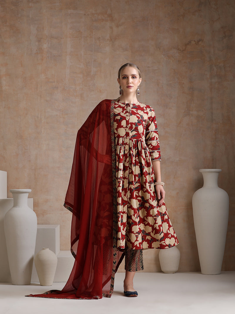 Women Floral Printed Regular Pure Cotton Kurta with Palazzos & With Dupatta
