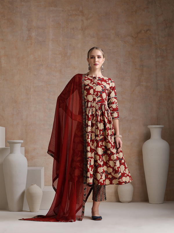 Women Floral Printed Regular Pure Cotton Kurta with Palazzos & With Dupatta