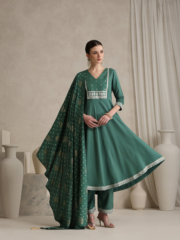 Khushal K Ethnic Motifs Green  Anarkali Sequinned Kurta set