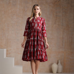 Women Floral Printed Mandarin Collar A-Line Tiered Midi Dress