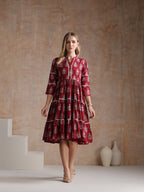 Women Floral Printed Mandarin Collar A-Line Tiered Midi Dress