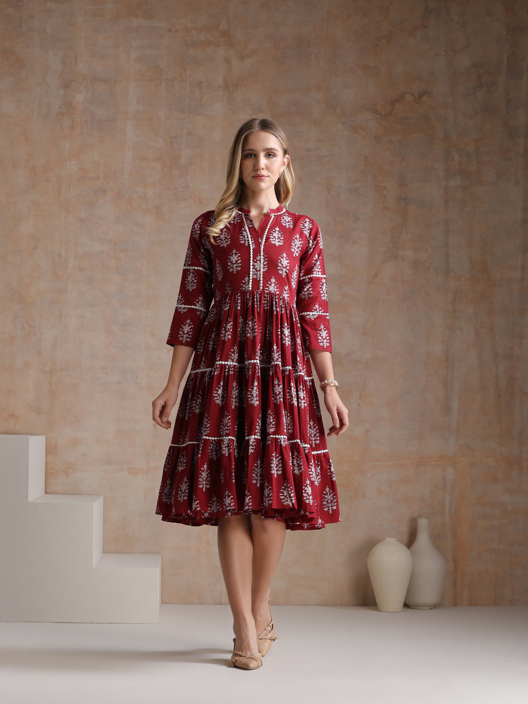 Women Floral Printed Mandarin Collar A-Line Tiered Midi Dress