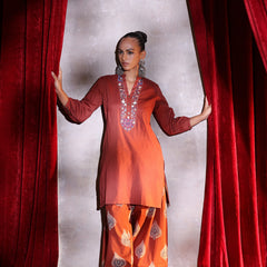 Khushal K Women Cotton kurta and Farsi salwar set - Rust