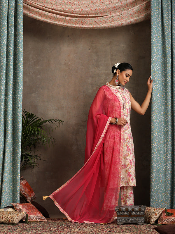 Women Floral Printed Regular Pure Cotton Kurta with Palazzos & With Dupatta