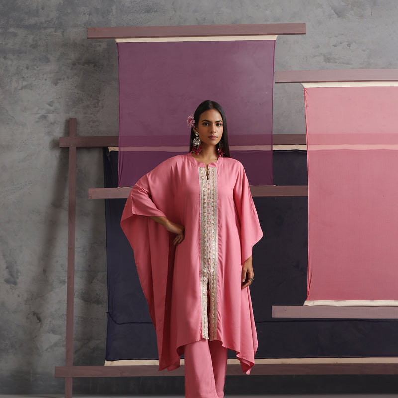 Women Mandarin Collar Pink Kaftan Set - Khushal K - Image 1