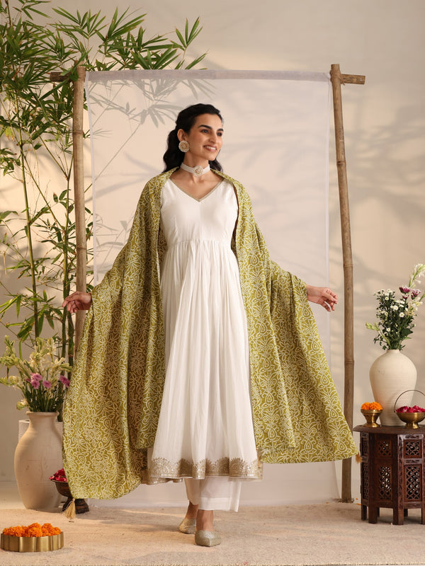 Khushal K Women Cotton Kurta and Palazzo With Dupatta Set - White
