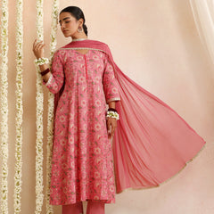 Women Floral Printed Cotton Anarkali Kurta with Trousers & Dupatta