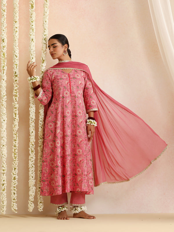 Women Floral Printed Cotton Anarkali Kurta with Trousers & Dupatta