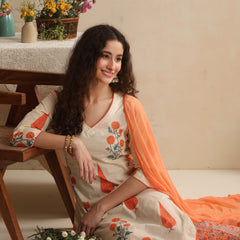 Khushal K Women Floral Off-White Printed Regular Pure Cotton Kurta & Palazzo With Dupatta