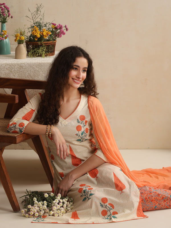 Khushal K Women Floral Off-White Printed Regular Pure Cotton Kurta & Palazzo With Dupatta