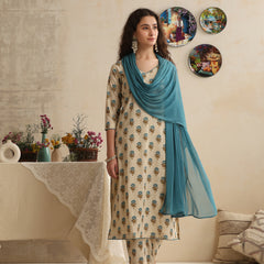 Khushal K Women Cream Floral Printed Regular Pure Cotton Kurta & Palazzo With Dupatta