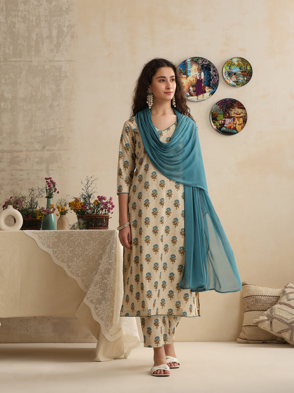 Khushal K Women Cream Floral Printed Regular Pure Cotton Kurta & Palazzo With Dupatta