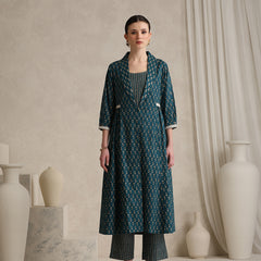 Teal Handblock Printed Cotton Blend Cord Set with Jacket