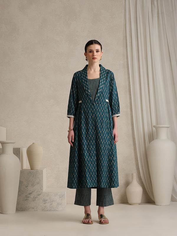 Teal Handblock Printed Cotton Blend Cord Set with Jacket