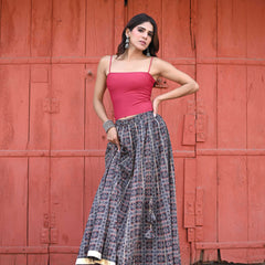 Khushal K Women's Black Printed Cotton Flared Maxi Skirt