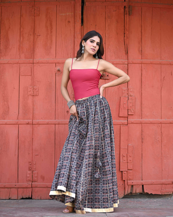 Khushal K Women's Black Printed Cotton Flared Maxi Skirt