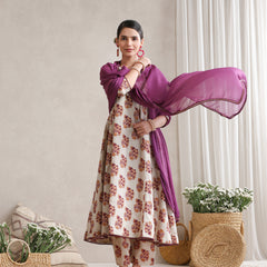 Floral Printed V-Neck Pure Cotton A-Line Kurta with Trousers And Dupatta