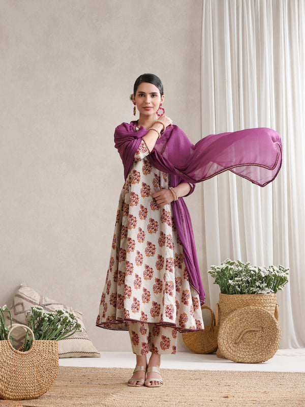 Floral Printed V-Neck Pure Cotton A-Line Kurta with Trousers And Dupatta