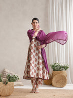 Floral Printed V-Neck Pure Cotton A-Line Kurta with Trousers And Dupatta