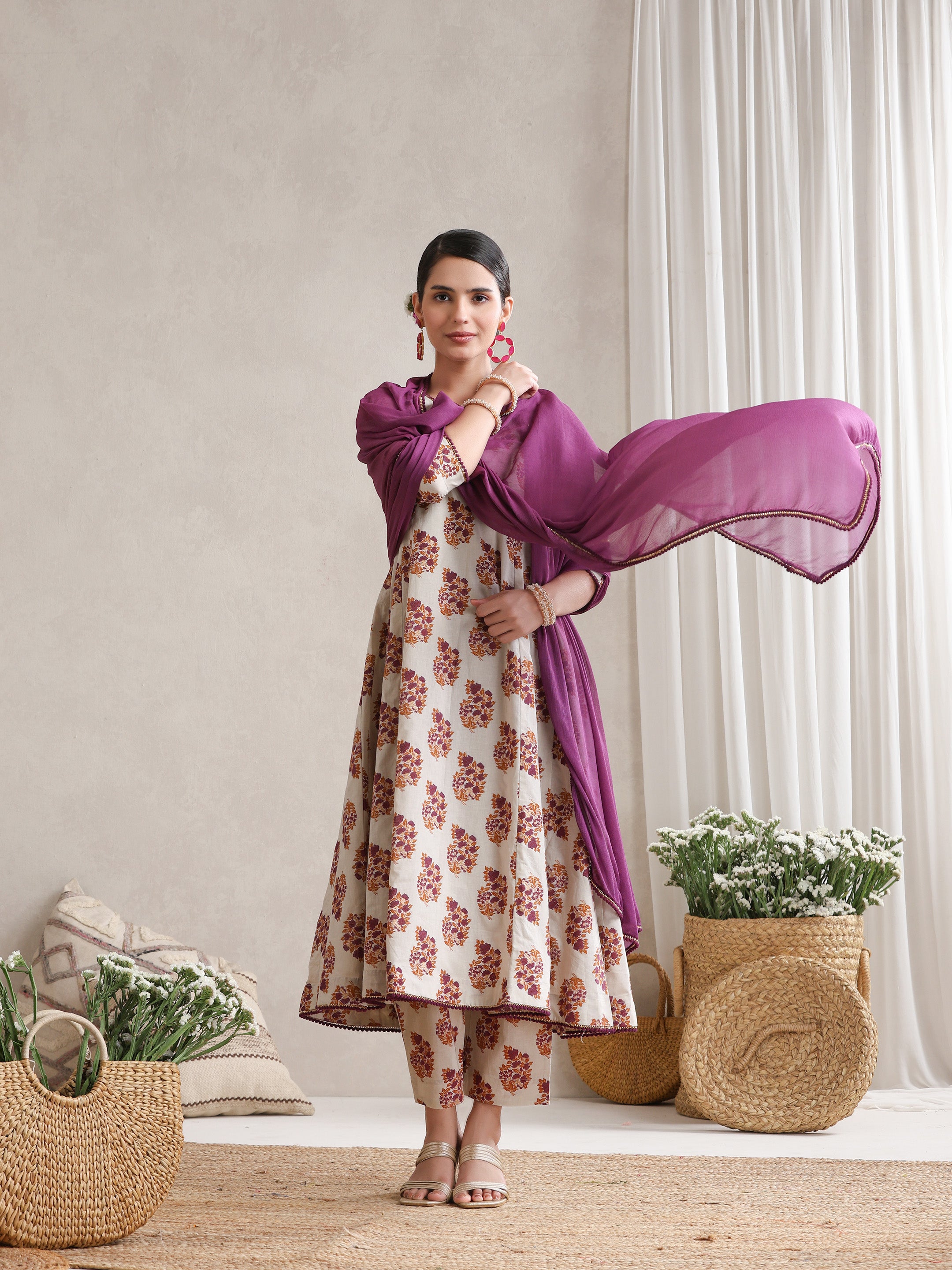 Floral Printed V-Neck Pure Cotton A-Line Kurta with Trousers And Dupatta