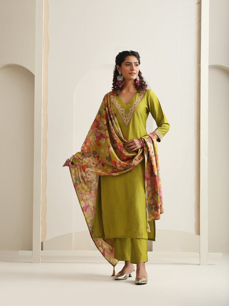 Khushal K Women Pure Silk green Embroidered Kurta & Palazzo With Dupatta