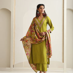 Khushal K Women Pure Silk green Embroidered Kurta & Palazzo With Dupatta