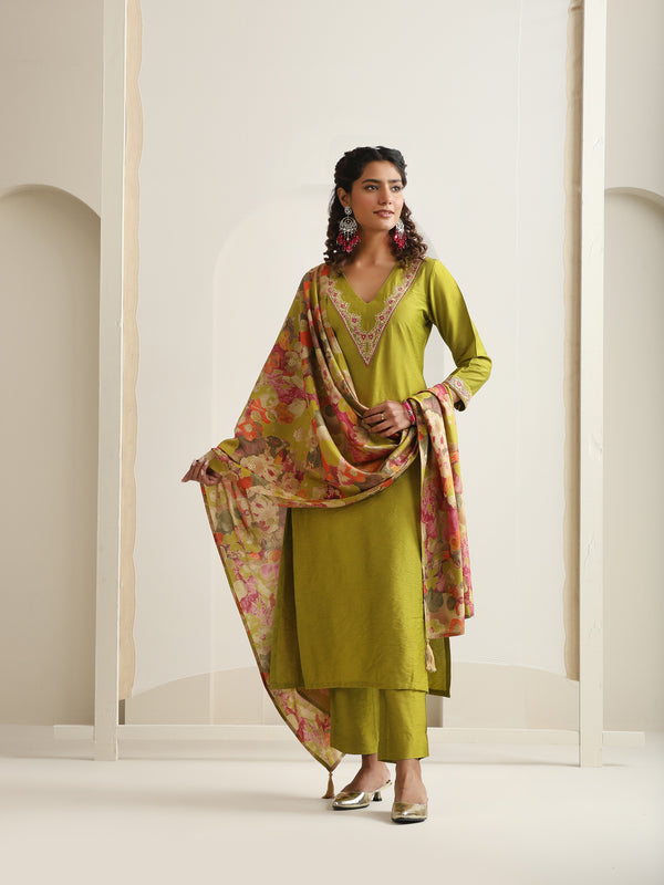 Khushal K Women Pure Silk green Embroidered Kurta & Palazzo With Dupatta
