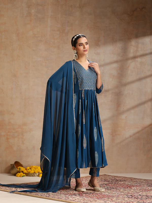 Ethnic Motifs Printed Thread Work Kurta With Trousers & Dupatta