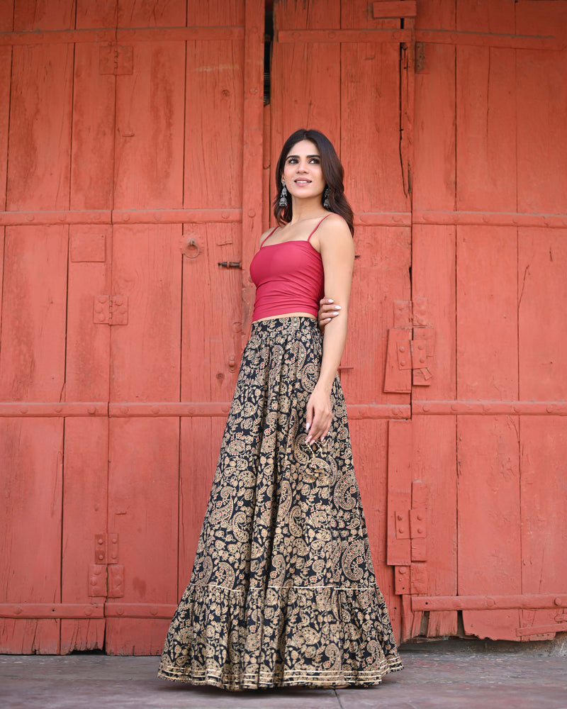 Khushal K Women's Black Printed Cotton Flared Maxi Skirt