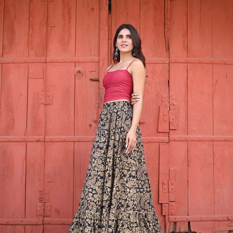 Khushal K Women's Black Printed Cotton Flared Maxi Skirt