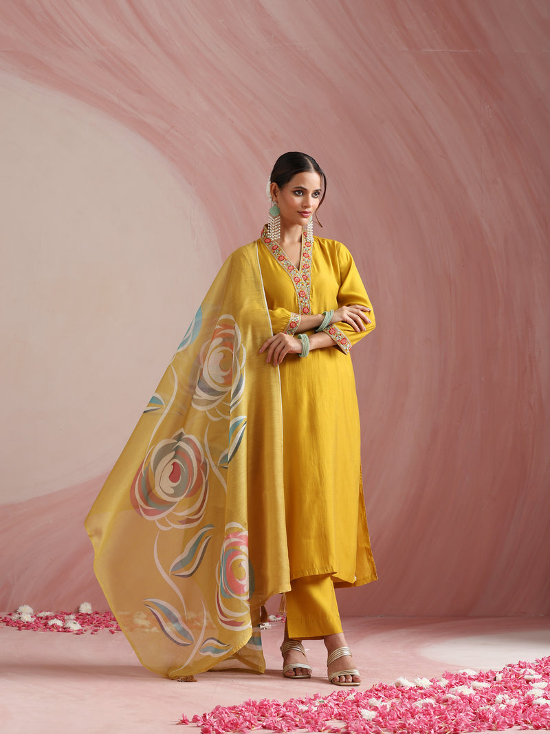 Khushal K Women Pure Silk yellow Embroidered Kurta & Palazzo With Dupatta