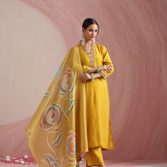 Khushal K Women Pure Silk yellow Embroidered Kurta & Palazzo With Dupatta