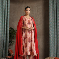 Floral Printed Pure Cotton Anarkali Kurta With Palazzos And Dupatta