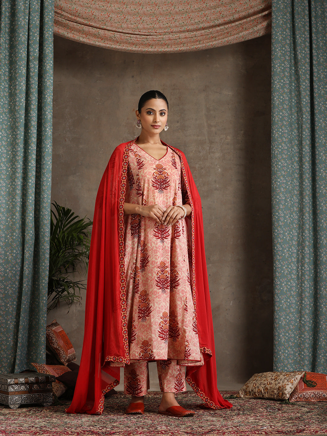 Floral Printed Pure Cotton Anarkali Kurta With Palazzos And Dupatta