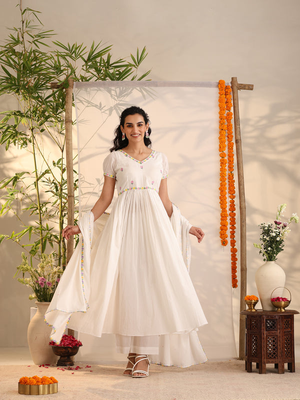 Khushal K Women Cotton Kurta and Palazzo With Dupatta Set - White