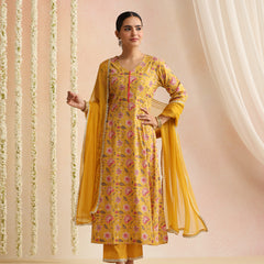 Women Floral Printed Cotton A-Line Kurta with Trousers & Dupatta