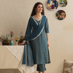 Khushal K Women Floral Printed Regular Pure Cotton Kurta & Palazzo With Dupatta