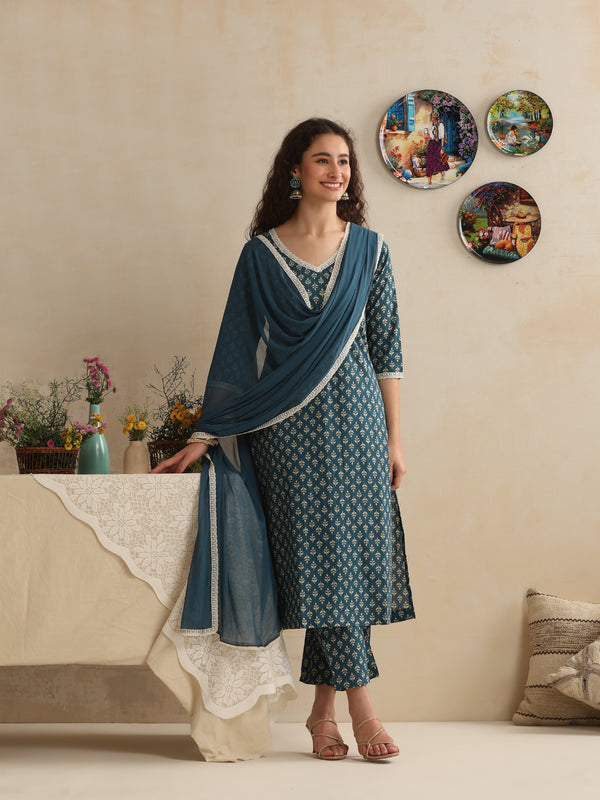 Khushal K Women Floral Printed Regular Pure Cotton Kurta & Palazzo With Dupatta