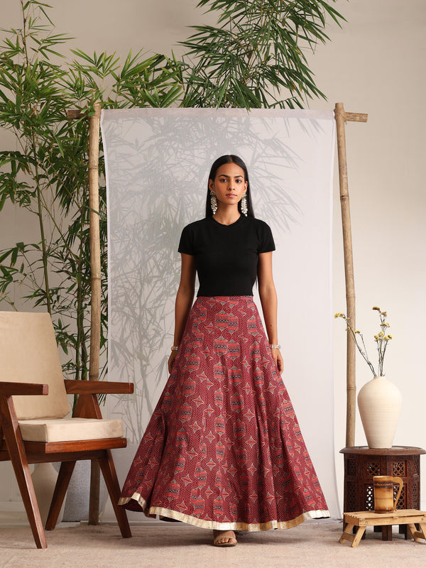 Khushal K Womens Cotton Printed Skirts - Maroon