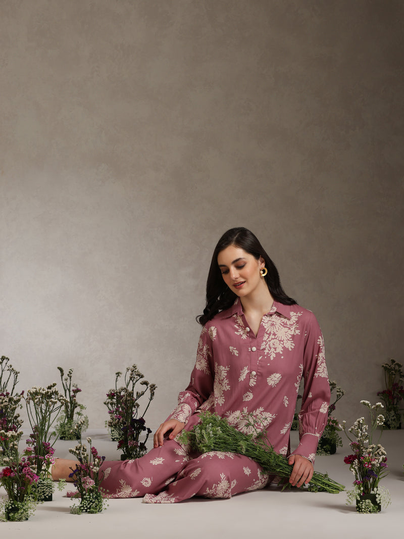 Floral Printed Mauve Co-ord Set with Flared Sleeves