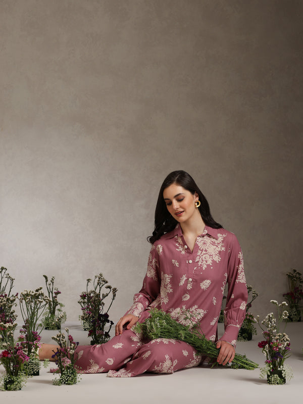 Floral Printed Mauve Co-ord Set with Flared Sleeves